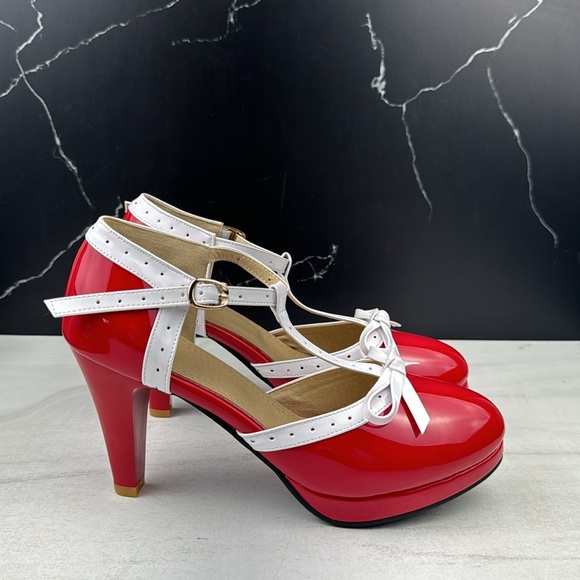 ForeMode Fashion T-Strap Bow Platform Round Toe High Heels Red/White sz 10.5 - Picture 7 of 14